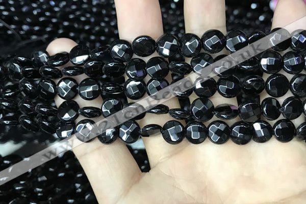 CAA2580 15.5 inches 10mm faceted coin black agate beads wholesale