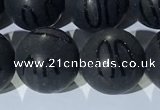 CAA3663 15.5 inches 12mm round matte & carved black agate beads