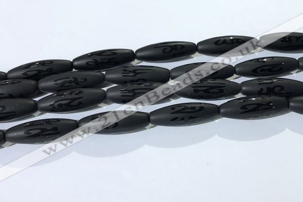 CAA3682 15.5 inches 10*30mm rice matte & carved black agate beads