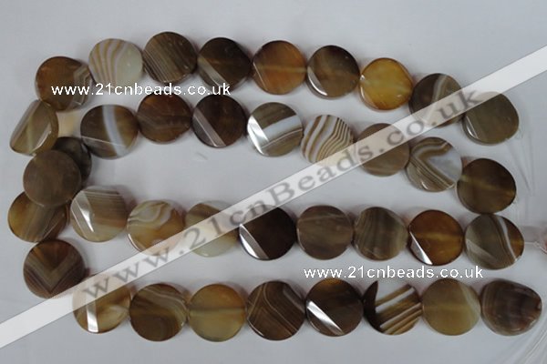 CAG3160 15.5 inches 20mm faceted & twisted coin brown line agate beads