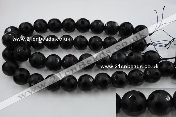 CAG3678 15.5 inches 22mm carved round matte black agate beads