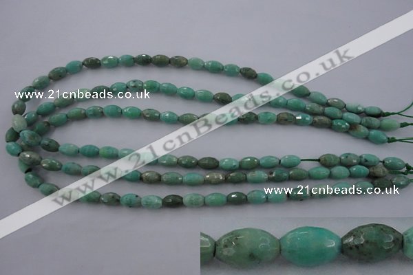 CAG3918 15.5 inches 6*10mm faceted rice green grass agate beads