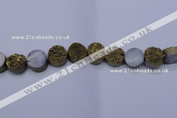 CAG7933 7.5 inches 16mm flat round plated white druzy agate beads