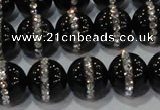 CAG8633 15.5 inches 14mm round black agate with rhinestone beads