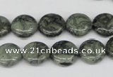 CBD221 15.5 inches 12mm flat round green brecciated jasper beads