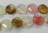 CCY410 15.5 inches 12mm faceted coin volcano cherry quartz beads