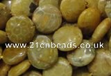 CFA42 15.5 inches 15mm flat round yellow chrysanthemum agate beads