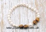CFB618 6-7mm potato white freshwater pearl & yellow tiger eye stretchy bracelet