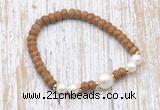 CFB741 faceted rondelle wooden jasper & potato white freshwater pearl stretchy bracelet