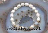 CFB918 9mm - 10mm rice white freshwater pearl & grey banded agate stretchy bracelet