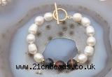 CFB981 Hand-knotted 9mm - 10mm rice white freshwater pearl & mixed tiger eye bracelet