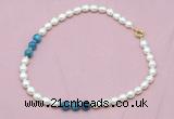 CFN315 9 - 10mm rice white freshwater pearl & apatite necklace wholesale