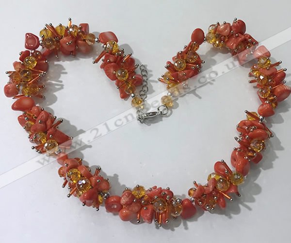 CGN418 19.5 inches chinese crystal & coral chips beaded necklaces