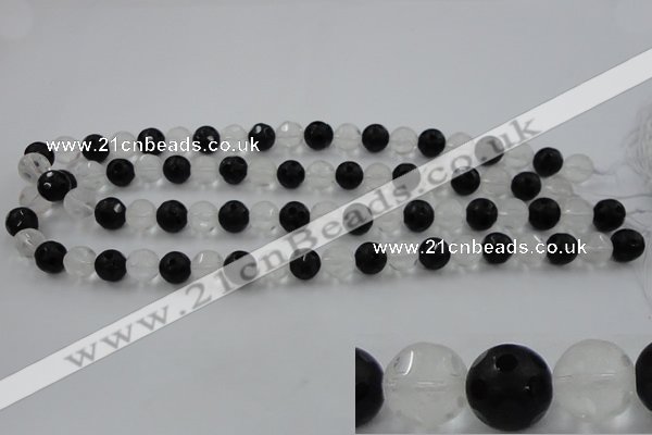 CNC87 15.5 inches 10mm carved round matte white crystal & black agate beads