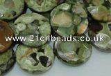 CPS87 15.5 inches 20mm faceted flat round green peacock stone beads