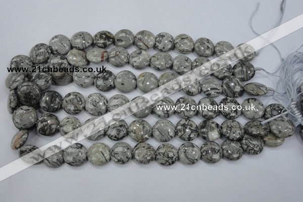 CPT165 15.5 inches 16mm flat round grey picture jasper beads
