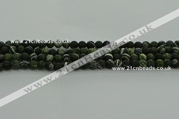 CRO1121 15.5 inches 6mm round matte green silver line jasper beads