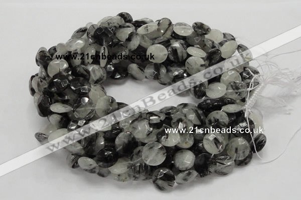 CRU04 15.5 inches 15mm faceted flat round black rutilated quartz beads