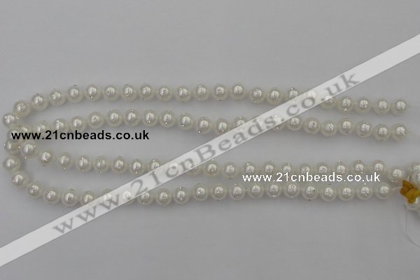 CSB427 15.5 inches 12mm round shell pearl with rhinestone beads