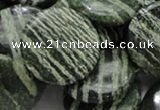CSJ46 15.5 inches 30mm flat round green silver line jasper beads