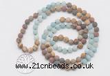 GMN6007 Knotted 8mm, 10mm matte amazonite & jasper 108 beads mala necklace with charm