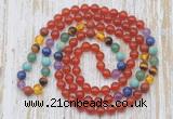 GMN6441 Hand-knotted 7 Chakra 8mm, 10mm red agate 108 beads mala necklaces