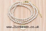 GMN7524 4mm faceted round tiny white fossil jasper beaded necklace with letter charm