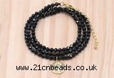 GMN7546 4mm faceted round tiny black tourmaline beaded necklace with letter charm