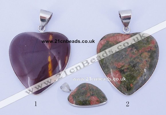 NGP845 5PCS 30*34mm heart mixed gemstone pendants with brass setting