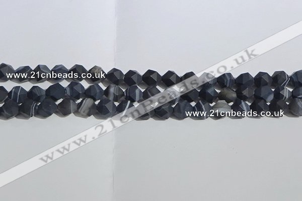 CAA1243 15.5 inches 8mm faceted nuggets matte black line agate beads