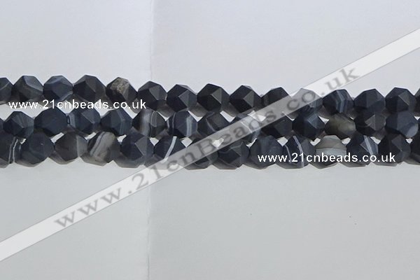 CAA1245 15.5 inches 12mm faceted nuggets matte black line agate beads