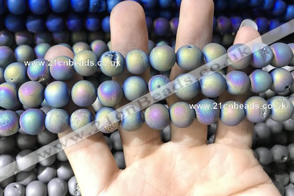 CAA1318 15.5 inches 10mm round matte plated druzy agate beads