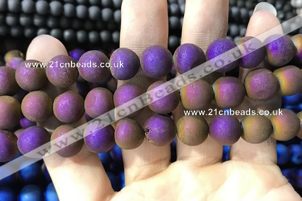 CAA1374 15.5 inches 16mm round matte plated druzy agate beads