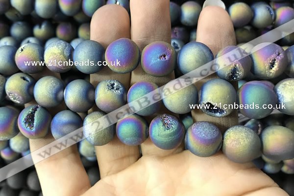 CAA1379 15.5 inches 16mm round matte plated druzy agate beads