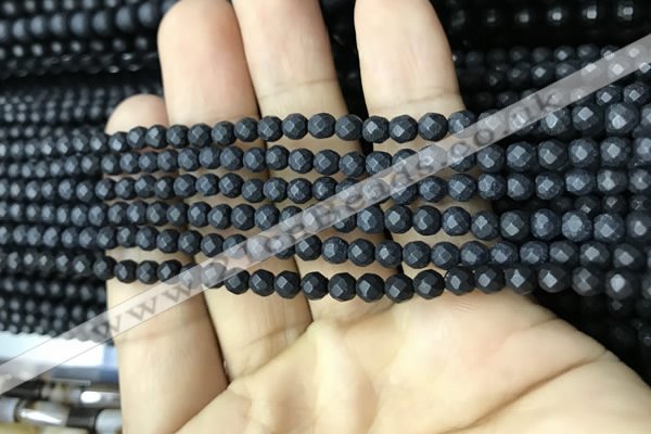 CAA2437 15.5 inches 4mm faceted round matte black agate beads