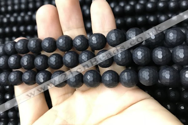 CAA2440 15.5 inches 10mm faceted round matte black agate beads
