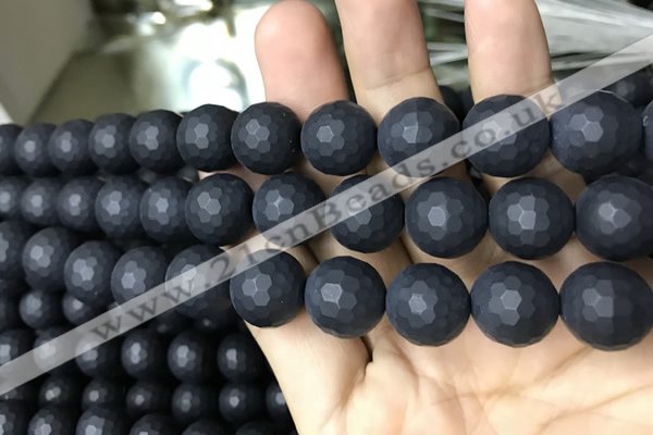 CAA2442 15.5 inches 14mm faceted round matte black agate beads