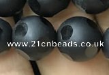 CAA2462 15.5 inches 14mm carved round matte black agate beads