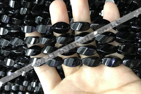 CAA2491 15.5 inches 8*16mm faceted & twisted rice black agate beads