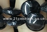 CAA2527 15.5 inches 12mm flat round black agate beads wholesale