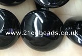 CAA2530 15.5 inches 18mm flat round black agate beads wholesale