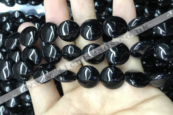 CAA2530 15.5 inches 18mm flat round black agate beads wholesale