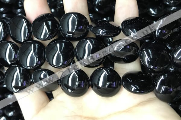 CAA2533 15.5 inches 30mm flat round black agate beads wholesale