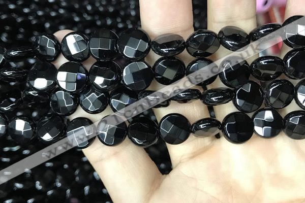 CAA2583 15.5 inches 16mm faceted coin black agate beads wholesale