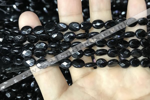 CAA2589 15.5 inches 6*8mm faceted oval black agate beads wholesale