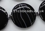 CAA265 15.5 inches 30mm flat round black line agate gemstone beads