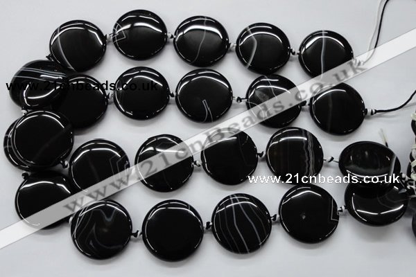 CAA265 15.5 inches 30mm flat round black line agate gemstone beads