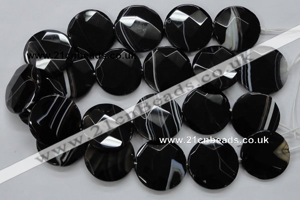 CAA281 15.5 inches 35mm faceted coin black line agate beads