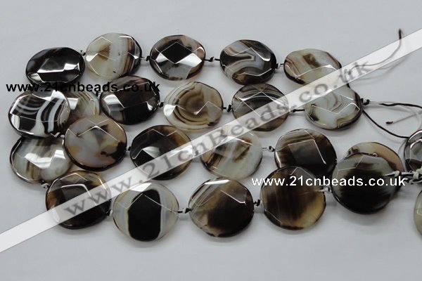 CAA290 15.5 inches 35mm faceted coin black line agate beads