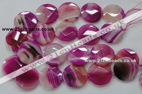 CAA314 15.5 inches 35mm faceted coin fuchsia line agate beads